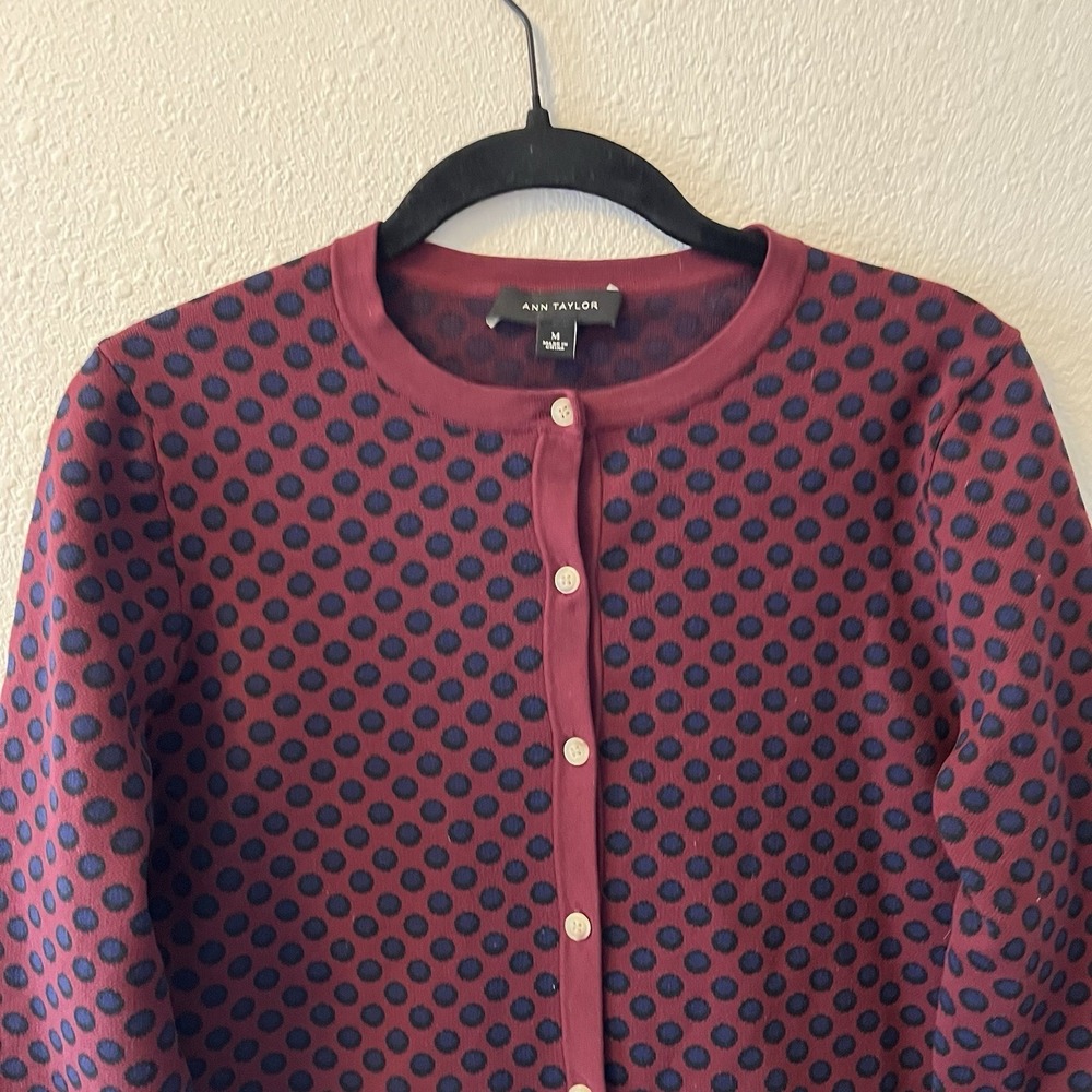Ann Taylor Burgundy and Navy Polka Dot Cardigan - Picture 3 of 13